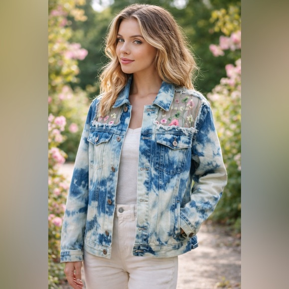 Y2K Canyon River Blues Embroidered Sheer-Panel Tie-Dye Denim Jacket oversized - Picture 2 of 16